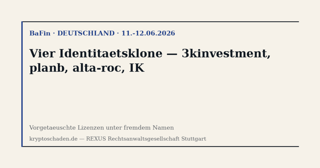 Vier Identitaetsklone BaFin — 3kinvestment, planb, alta-roc, IK