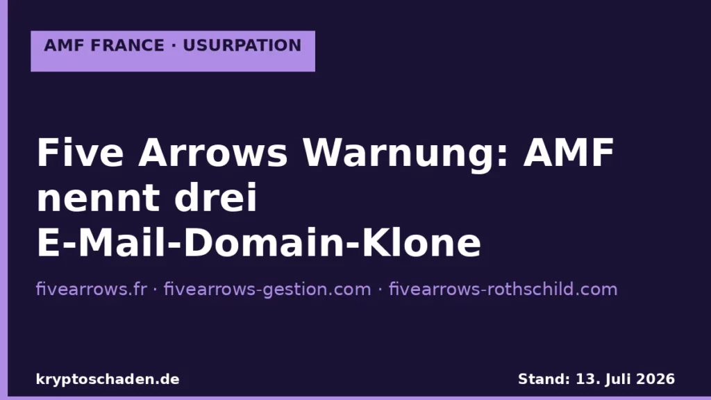 Five Arrows Warnung — AMF France listet drei Domain-Klone am 13. Juli 2026