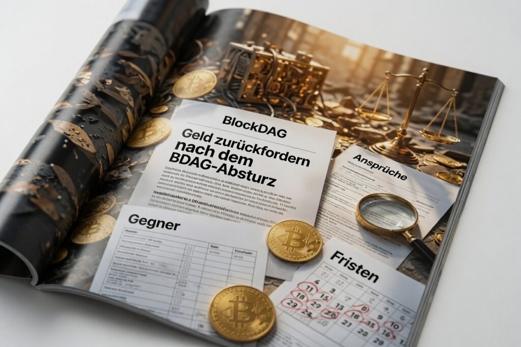 Unterlagen zum BlockDAG Geld zurückfordern auf einem Schreibtisch mit Laptop