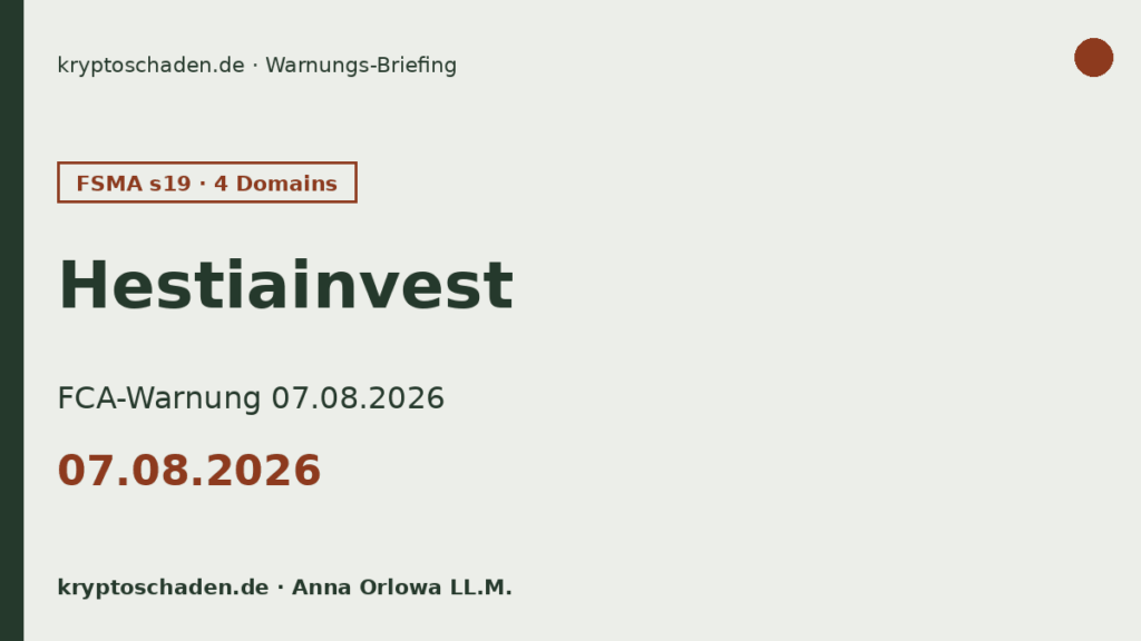 Hestiainvest FCA Warnung hestiainvest com Fake Broker erkennen 07.08.2026
