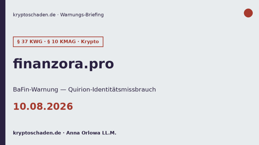 finanzora pro BaFin Warnung Quirion Klon Krypto Identitätsmissbrauch 10.08.2026