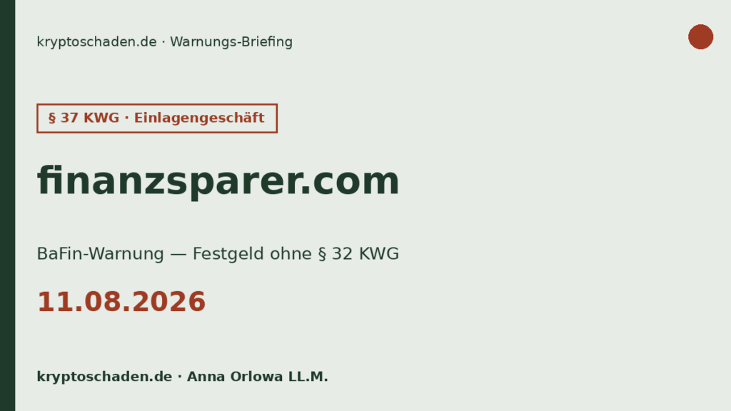 finanzsparer.com BaFin Warnung Festgeld ohne § 32 KWG 11.08.2026